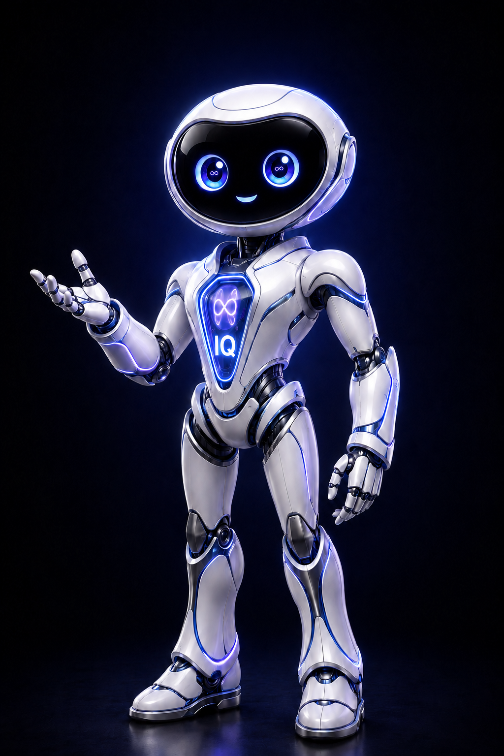 IQ, the FlowIQ companion intelligence, standing with one hand raised in greeting